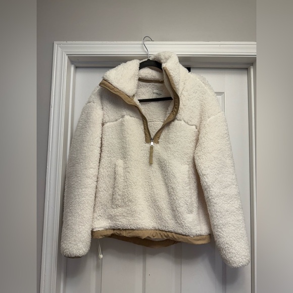 Abercrombie & Fitch Women’s White Tan Sherpa Half Zip Pullover Size S Oversized - Picture 3 of 8